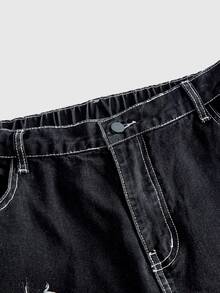 ROMWE Grunge Punk Gothic Punk Plus Size Women's Wide Leg Denim Jeans, Virgin Mary Cross Print Black & Grey Washed Design, Punk Music Festival Streetwear Long Pants - Black - View 3