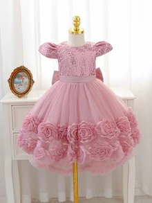SHEIN Glamorique Kids 女童聖誕老人禮服，新年派對穿搭，鋼琴演奏表演用薄紗蝴蝶結露背荷葉邊公主長裙，派對穿著皇家藍女童洋裝 - 藕粉色 - 查看 3