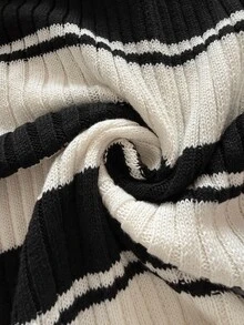 Firerie French Style Polo Collar Black & White Ribbed Ribbed Slim Fit Flare Long Sleeve Ruffle Mid-Length Knit Dress For Commute - Black and White - View 8