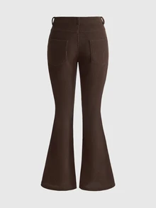 ROMWE Women's Autumn/Winter Mori Style Hippie Floral Embroidered Low Waist Corduroy Flare Pants - Coffee Brown - View 2