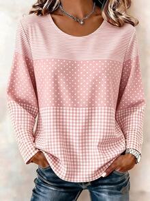 Selamara Women Striped Long Sleeve Tee T-Shirt Crew Neck Casual Tunic Spring/Fall Top - Apricot - View 1