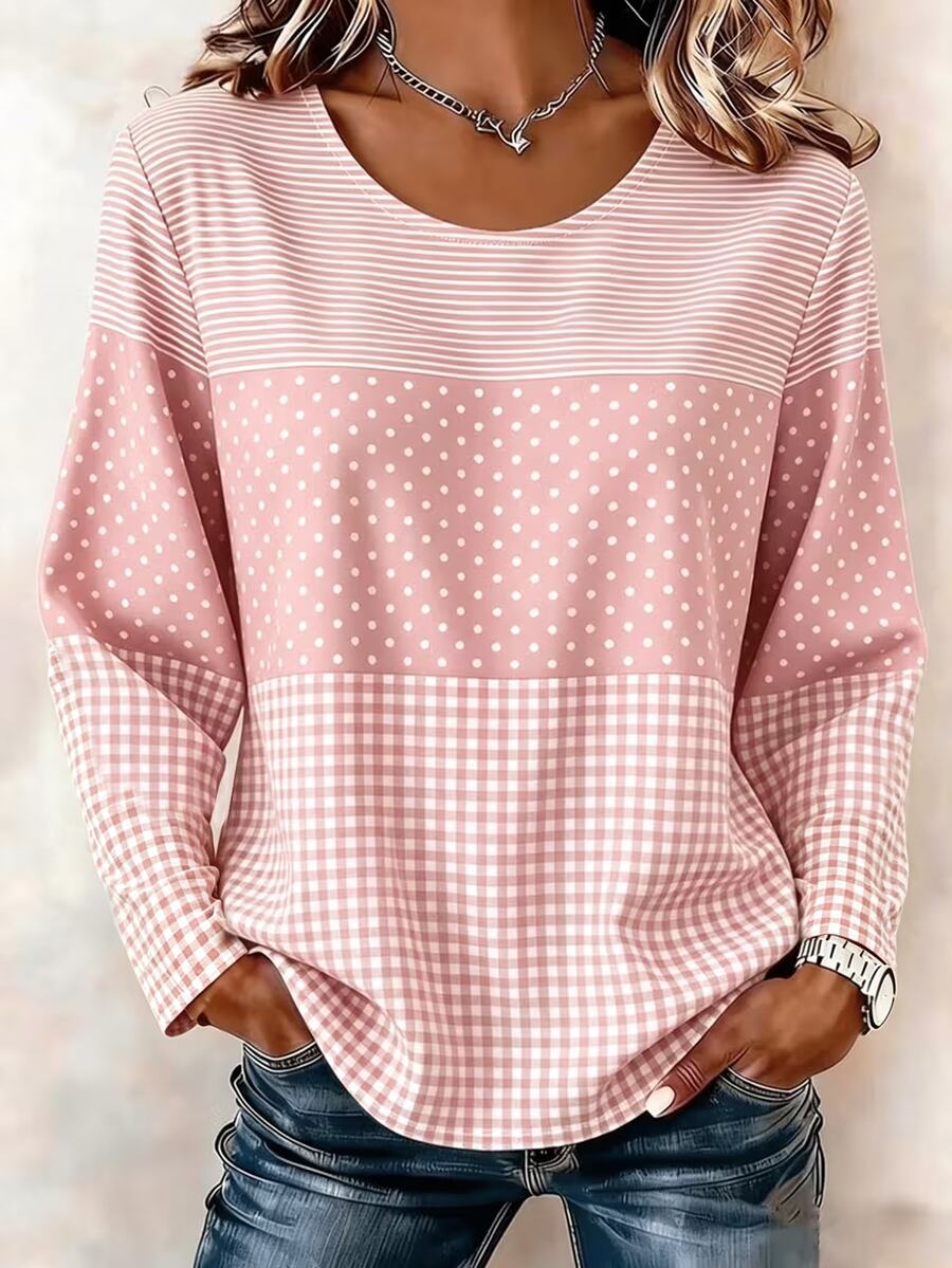 Selamara Women Striped Long Sleeve Tee T-Shirt Crew Neck Casual Tunic Spring/Fall Top - Apricot - View 1