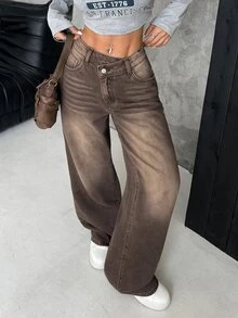 SHEIN Tall 女款街頭風交叉腰釦口袋寬鬆牛仔褲 - 棕色 - 查看 4
