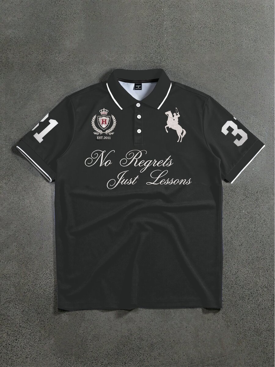 STYNVO Men's Short Sleeve Polo Shirt With Letter & Number Print Pattern - Dark Grey - View 1
