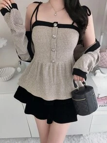 FRIFUL Women's Contrast Trim 3D Button Decor Camisole Top And Casual Loose Cardigan 2 Pieces Set - Apricot - View 6