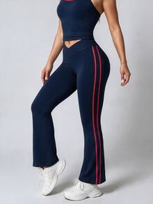 Dewbera Dewbera Women's High Elasticity Colorblock 2 Pieces Sports Set, 2 In 1 Yoga Workout Running - Navy Blue - View 3