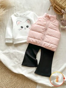 SHEIN Vintaside Kids 3件組幼女背心T恤喇叭褲套裝，可愛甜美粉色白色貓咪圖案，絎縫拉鍊羅紋長袖，生日派對冬季秋季假期穿搭 - 淺粉色 - 查看 3