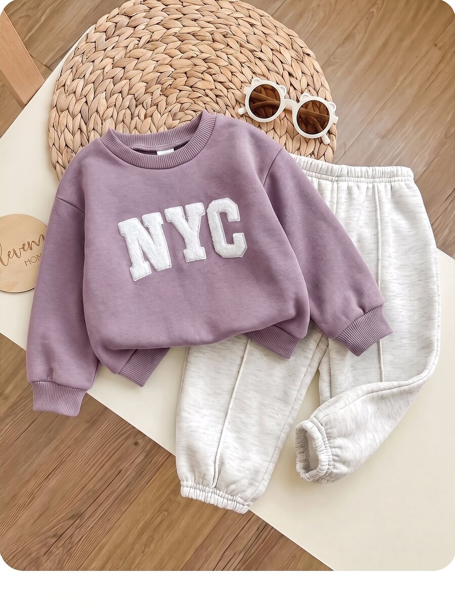 SHEIN Baby Boy Baby Girl Cute Autumn/Winter Grey Letter Print Long Sleeve Sweatshirt And Pants 2 Pieces Set - Purple - View 1
