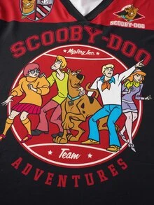 SCOOBY-DOO X SHEIN 女款V領卡通圖案印花T恤，都市復興街頭風，休閒時尚創意個性街頭服飾，秋季上衣 - 黑色 - 查看 5
