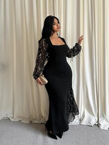 GalTyme Plus Size Women's Fashion Square Neck Mesh Patchwork Long Sleeve Sequin Tassel Design Dress - Black - View 3