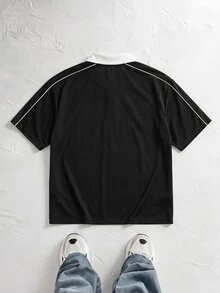 NORVETH 男士夏季休閒標準尺寸短袖 POLO 衫 藍色與白色拼色刺繡 - 黑色 - 查看 5