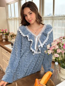 Snug Reverie Autumn/Winter Plush Thickened Princess Style Long Nightgown Women's Winter Loungewear Pajamas - Dusty Blue - View 6