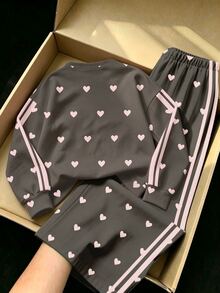 Young Girls Fashionable High-End Dark Gray Base Pink Heart Contrast Pattern Crew Neck Sweatshirt & Wide Leg Pants Set, Autumn Winter 2026 - Multicolor - View 2