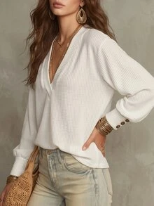 SHEIN LUNE Kaos Lengan Panjang Jacquard Wanita Serbaguna untuk Pemakaian Sehari-hari - Putih - View 5