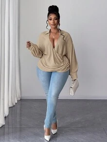 Maweii Plus Size Long Sleeve Fashionable Elegant Commuter Versatile Sweet Blouse - Khaki - View 3
