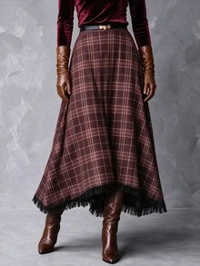 Solivie Women's Autumn Navy Blue Plaid Asymmetrical Hem Skirt - Coffee Brown - View 6