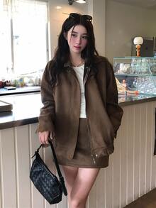 DAZY Women's Solid Color Lapel Casual Jacket And Skirt 2 Pieces Set, Korean Style Spring/Summer - Coffee Brown - View 7