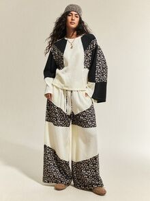 SHEIN Ms. Posey's Autumn Two Pieces Set, Round Neck Long-Sleeve Patchwork Blouse, Loose Wide-Leg Patchwork Long Pants, Suitable For Daily Leisure, Shopping, - Multicolor - View 1