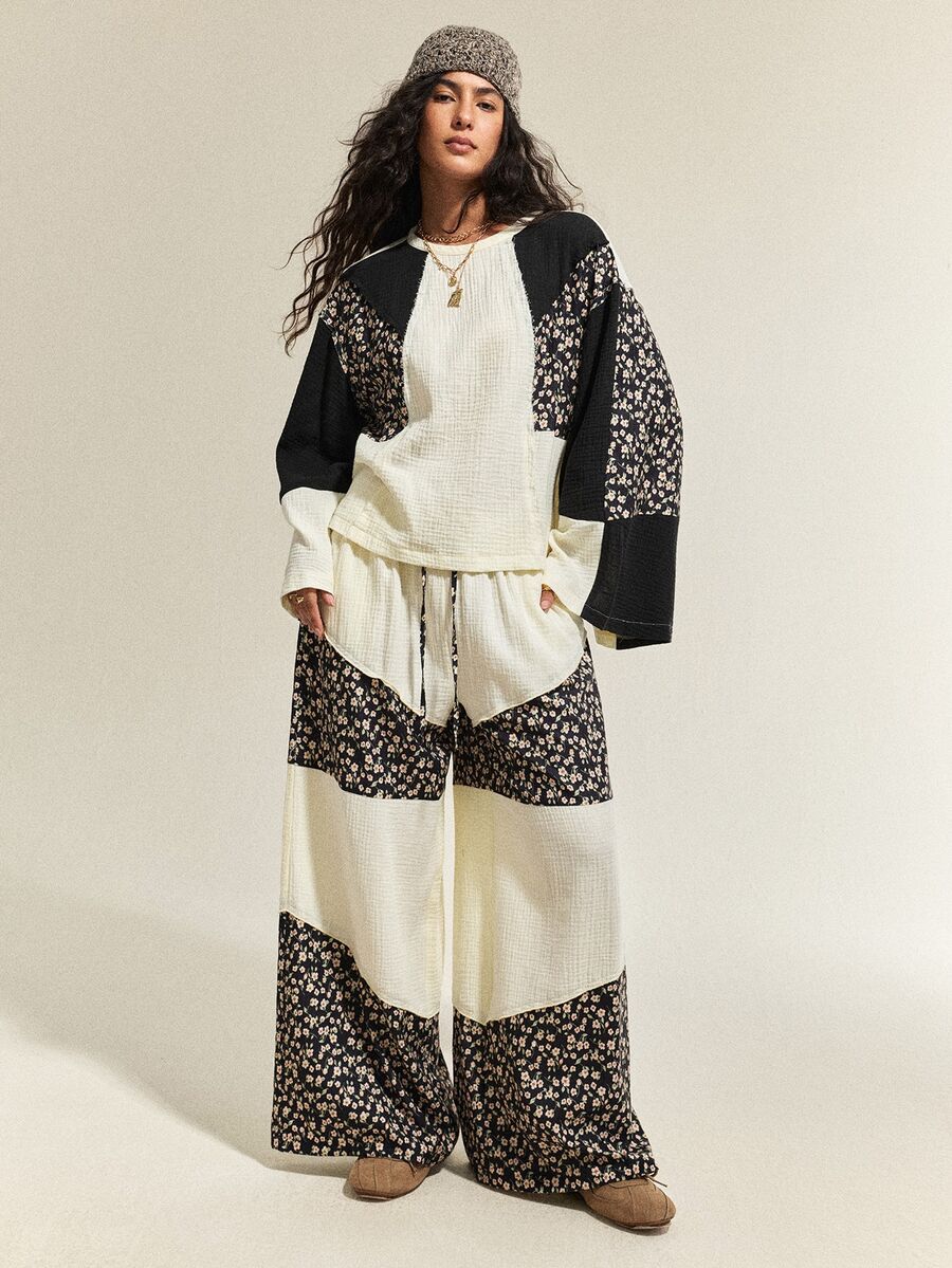 SHEIN Ms. Posey's Autumn Two Pieces Set, Round Neck Long-Sleeve Patchwork Blouse, Loose Wide-Leg Patchwork Long Pants, Suitable For Daily Leisure, Shopping, - Multicolor - View 1
