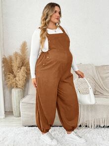Plussiva بنطلون أوفرول طويل كاجوال يومي بلون موحد للحوامل مقاس كبير - بني فاتح - مشاهدة 5
