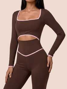 SHEIN BAE Women's Square Neck Trim Waist Cutout Long Sleeve Sports Jumpsuit - Coffee Brown - View 3