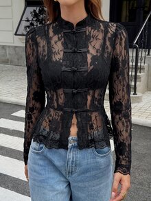 Serisse Women's Lace Frog Button Placket Ruffle Hem Blouse - Black - View 8