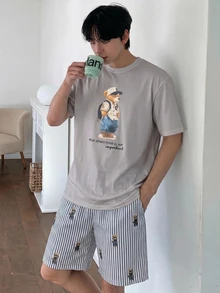 DAZY 男士夏季圖案印花T恤與條紋短褲居家休閒套裝 - 灰色 - 查看 4