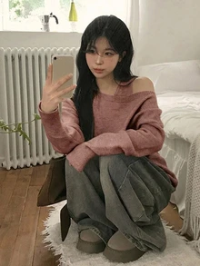DAZY 女款露肩背心與毛衣兩件套 - 卡其色 - 查看 4