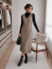 Easowa Plaid Print Split Hem Overall Dress Without Tee - Khaki - View 5