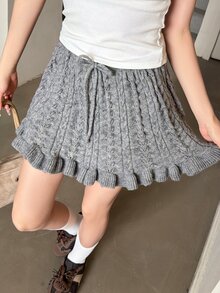 K-Vae Rok Mini A-Line Rajut Kabel Berongga dengan Ikat Pinggang dan Hem Berumbai, Serbaguna - Grey - View 1