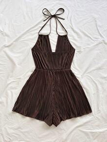 Soleia Plus Size Women's Brown Toothpick Pleated Print V-Neck Halter Back Tie Open Back Cinched Waist Voluminous Wide Leg Romper - Multicolor - View 2