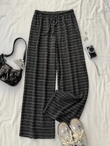Attitoon Casual Minimalist Style Black & Grey Striped Knit Drawstring Sweatpants For Women, Suitable For Autumn/Winter - Multicolor - View 4