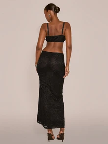MUSERA Lacey Strappy Cropped Top With Low Rise Maxi Skirt Sexy Evening Night Going Out Fall Winter Autumn Solitude - Black - View 3