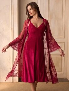 Charlaine Women's Lace Patchwork Floral Decor Split Strap Dress And Hollow Out Sheer Cover-Up Sleepwear Set - Burgundy - View 4