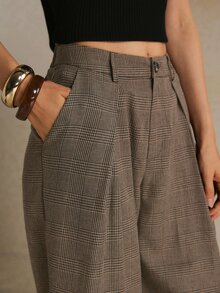 Poéselle Women's Plaid Pleated Fashion Commuter Wide Leg Suit Pants - Brown - View 6