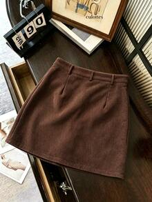 SHEIN Frenchy Fantasy-Elegant Button Pocket Zipper Straight Skirt - Coffee Brown - View 2