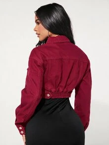 SHEIN SXY 女款前扣長袖牛仔夾克 - 酒紅色 - 查看 5