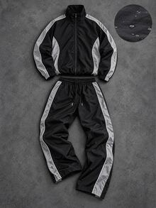 Manfinity Denimwave Men 2set Pieces Casual Tracksuit Set, Loose Color Block Zip Jacket And WideLeg Trousers, Lightweight Outfit For Outdoor Sports Street Style Daily Look - Black - View 3