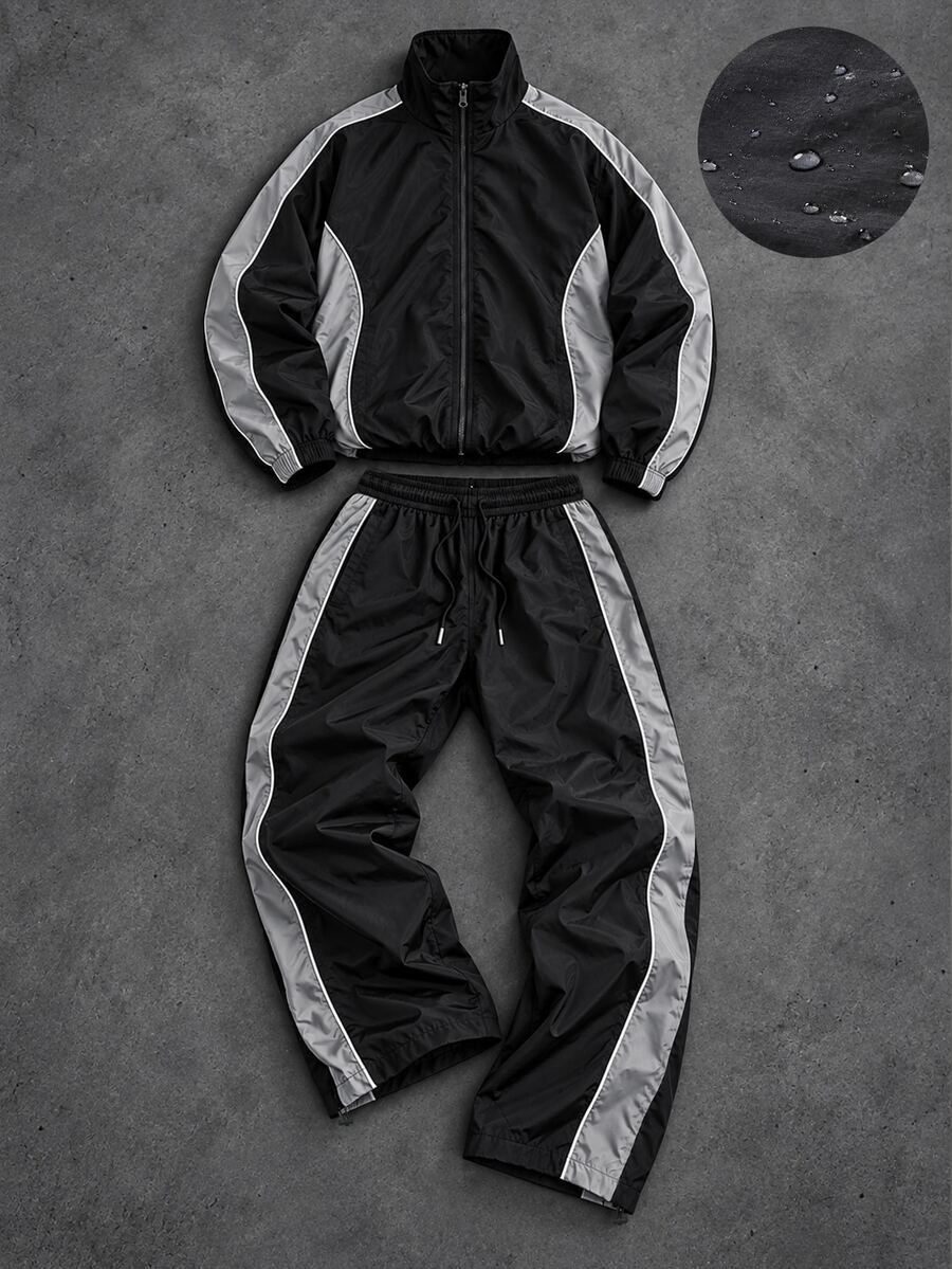 Manfinity Denimwave 男士 2 件式休閒運動套裝,寬鬆配色拉鍊夾克與寬腿長褲,輕量戶外運動街頭風日常穿搭,哥德風 - 黑色 - 查看 1