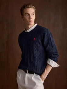 Manfinity CityGents Men's Knight Embroidery Long Sleeve Casual Crew Neck Knit Sweater - Navy Blue - View 6