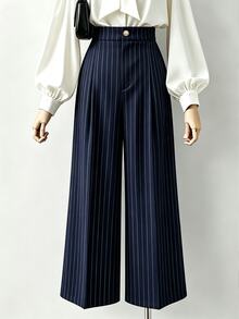GlowEve CURVE Women's Plus Size Fashion Striped Pleated Casual Wide Leg Long Pants, Suitable For Commuting, Outings And Daily Wear, Dress Pants - Blue - View 1