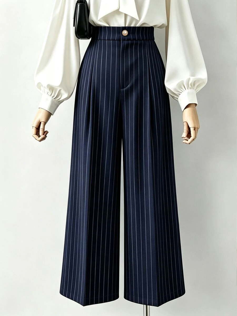 GlowEve CURVE Women's Plus Size Fashion Striped Pleated Casual Wide Leg Long Pants, Suitable For Commuting, Outings And Daily Wear, Dress Pants - Blue - View 1