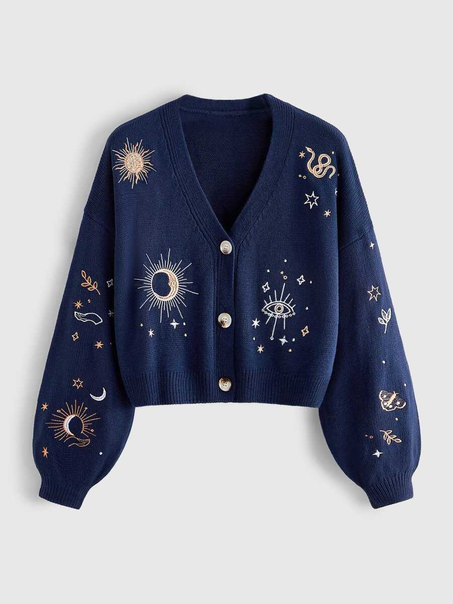 ROMWE Vintage Hippie Sun Moon Stars Snake Embroidered Plus Size Cardigan - Blue - View 1