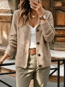 Louniche كارديجان نسائي فضفاض بقصة مريحة وطراز عتيق - كاكي - مشاهدة 6