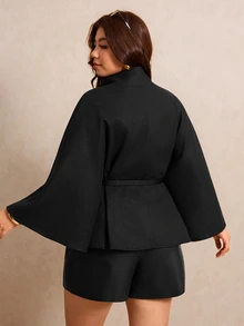 Elaquor Plus Size Women's Solid Color Metal Decor Elegant Cape Overcoat - Black - View 2