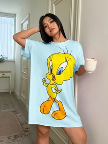 LOONEY TUNES X SHEIN 大尺碼女款圓領落肩休閒睡裙 - 薄荷綠 - 查看 5