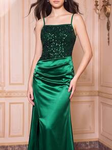 SHEIN 青少年女孩極簡時尚派對正式場合婚禮優雅端莊晚禮服畢業舞會晚餐會雞尾酒會郵輪度假聖誕新年針織聚酯纖維舒適絲滑純色深綠色細肩帶亮片拼接洋裝時尚百搭畢業典禮返校春夏秋季洋裝 - 墨綠色 - 查看 4