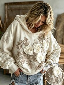 Glimmora Sweatshirt Hoodie Wanita Musim Gugur/Dingin Terbaru 2026 dengan Bordir Mawar dan Motif Cetak, Model Longgar dan Santai - Aprikot - View 3