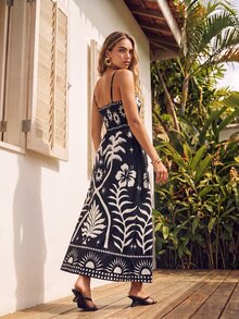 CAJUNI Women's Casual Palm Tree Print Spaghetti Strap Vacation Dress - Black and White - View 2