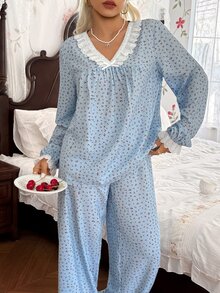 CottageSlumber Romantic Women's Woven Printed V-Neck Lace Bow Long Sleeve Top And Pants Pajama Set - Blue - View 3